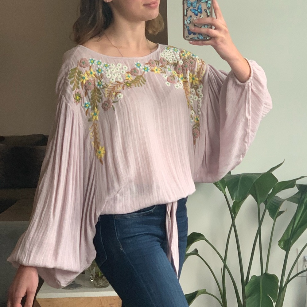 FREE PEOPLE Floral Embroidered Peasant Blouse